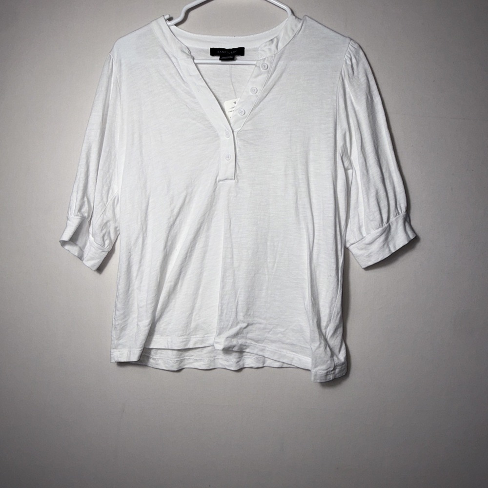 Sanctuary Women's Mixed Media T-Shirt VNeck Elbow Puff Sleeves Buttons Sz Medium